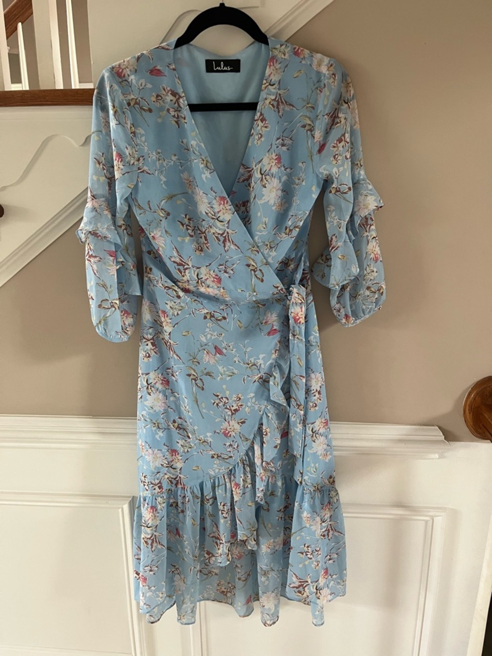 Lulu's Sky Blue Floral Wrap Midi Dress